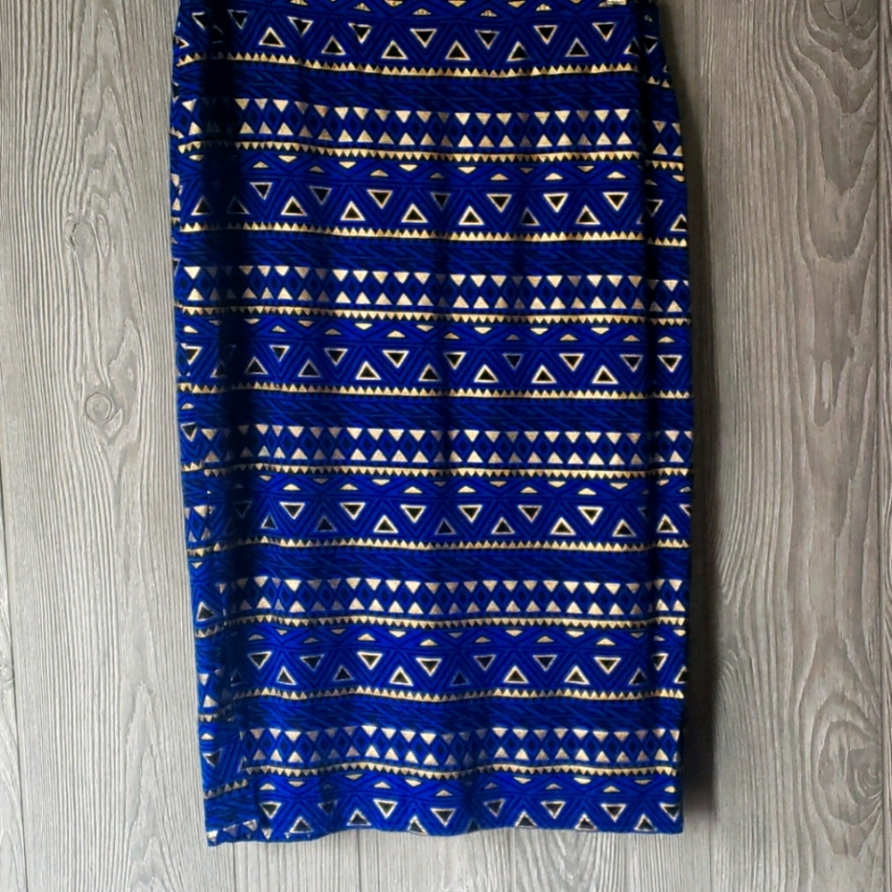 Mettalic geometric pattern blue pencil skirt